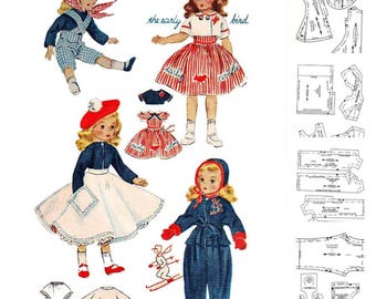 May include: Vintage paper dolls with various outfits, including a blue jumpsuit, a red and white striped dress, a navy blue jacket and white skirt, and a blue snowsuit. The text "the early bird" is also present.