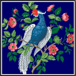 Berlin Woolwork - Antique Pattern- Vintage Cross Stitch Pdf - Birds- Silver Pheasant in Flowers- Counted Pattern Embroidery/Digital Download