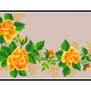 May include: A cross-stitch embroidery design featuring a border of orange roses and green leaves on a light brown background.