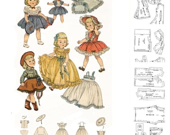 May include: Vintage illustration featuring paper dolls in various outfits, including dresses, skirts, and hats. The dolls are depicted in a retro style with detailed clothing designs. Sewing patterns are also included.