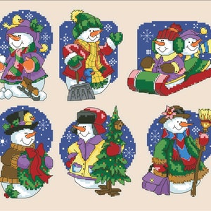 Vintage Cross Stitch Pdf / Christmas ornaments - Snowmen / Miniature Ornaments / Counted Pattern Embroidery / Digital Instant Download