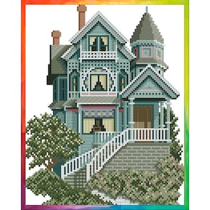 May include: A detailed cross-stitch pattern of a large, light blue Victorian house with white trim and a white picket fence. The house has a tower with a pointed roof and a large porch with stairs leading up to the front door. There are trees and bushes surrounding the house.