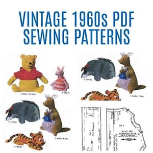 May include: Vintage 1960s PDF sewing patterns for making plush toys of Winnie the Pooh, Piglet, Eeyore, Tigger, and Kanga and Roo. The patterns include instructions for making the characters' clothes and accessories.