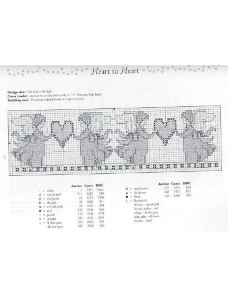 Op de afbeelding: Kruissteekpatroon voor een hartvormig ontwerp met het woord "LOVE" in het midden. Het patroon bevat een kleurenkaart met DMC-garennummers en -namen.