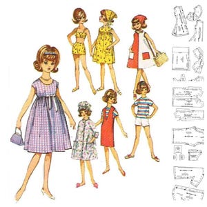 May include: A vintage sewing pattern for making doll clothes. The pattern includes instructions and templates for making a variety of dresses, skirts, tops, and pants. The pattern is illustrated with drawings of dolls wearing the different outfits.