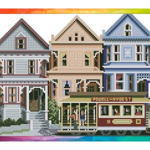 Vintage Cross Stitch Pattern Pdf - Victorian House - Powell Hyde St Cable Car, San Francisco / Counted Vintage Pattern Embroidery / Digital