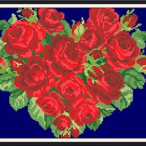 May include: A heart-shaped arrangement of red roses with green leaves on a dark blue background.