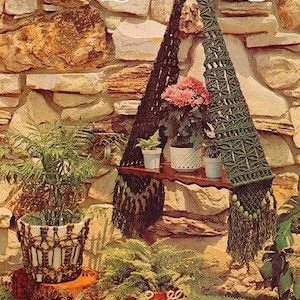 May include: A macrame plant hanger with a wooden shelf, hanging against a stone wall. The hanger is made of brown and green cord and has tassels. There are three potted plants on the shelf, including a pink flowering plant.