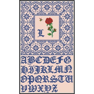 Sampler Cross Stitch Pdf / Counted Vintage Pattern Embroidery / Antique Monochrome Reproduction Alphabet Rose / Digital Instant Download
