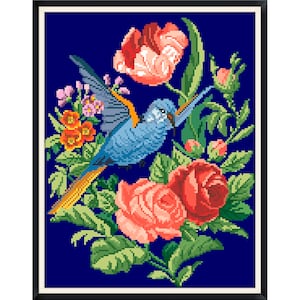 Berlin Woolwork- Antique Pattern- Vintage Cross Stitch Pdf-Birds-Hummingbird and flowers-Counted Vintage Pattern Embroidery/Digital Download