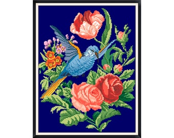 Berlin Woolwork- Antique Pattern- Vintage Cross Stitch Pdf-Birds-Hummingbird and flowers-Counted Vintage Pattern Embroidery/Digital Download