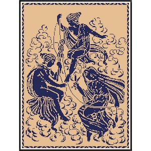 May include: Three figures in a blue silhouette are depicted against a beige background. The figures are stylized and appear to be women, each with a distinct pose and flowing garments. They are surrounded by clouds, suggesting a celestial or ethereal setting.