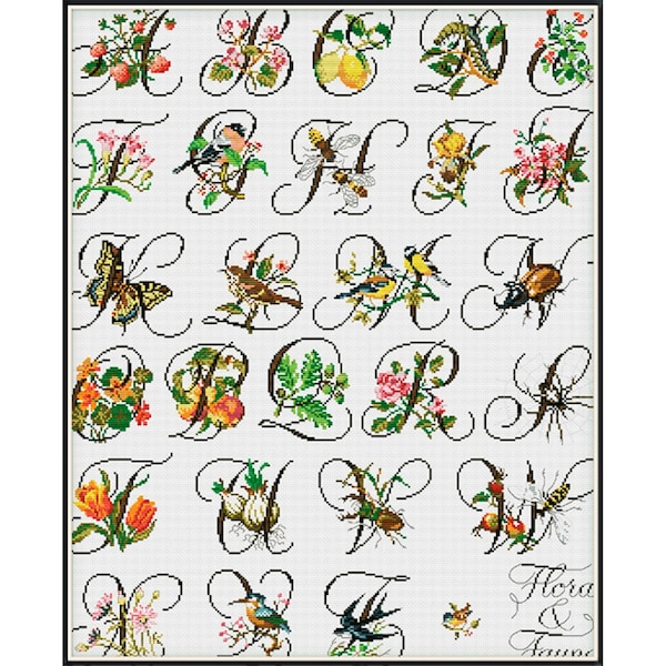 Vintage Cross Stitch Pdf / Vintage Alphabeth - Flora & Fauna / Counted Vintage Pattern Embroidery / Digital Instant Download