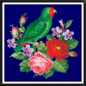 Berlin Woolwork- Antique Pattern- Vintage Cross Stitch Pdf- Birds- Parrot in Flowers II- Counted Vintage Pattern Embroidery/Digital Download