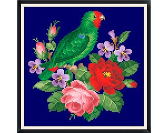 Parrot & Flowers Cross Stitch Pattern: Vintage Bird Embroidery (Digital Download)