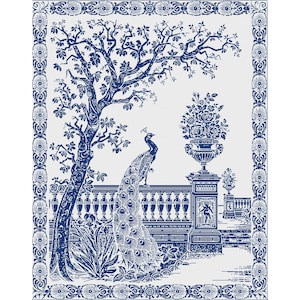 May include: A blue and white illustration of a peacock standing in a garden with a tree and a vase of flowers. The image is framed with a decorative border.