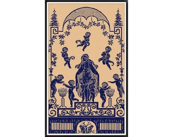 May include: A vintage illustration of a woman with a crown of flowers surrounded by cherubs. The image is in a blue and beige colour scheme and features a decorative border.