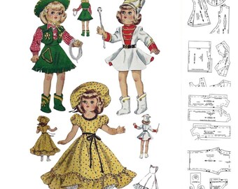 May include: Vintage paper doll cutouts featuring dolls in various outfits. One doll is dressed as a cowgirl in a green outfit with a matching hat. Another doll is in a marching band uniform. A third doll is wearing a yellow dress with a black bow.
