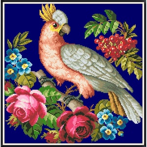 Berlin Woolwork - Antique Pattern- Vintage Cross Stitch Pdf- Birds- Parrot in Flowers V- Counted Vintage Pattern Embroidery/Digital Download