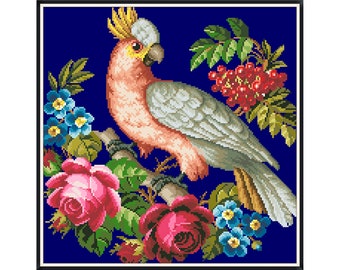 Parrot & Flowers Cross Stitch Pattern: Berlin Woolwork Embroidery (Digital Download)