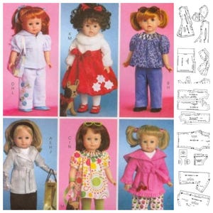 May include: A sewing pattern for making doll clothes. The pattern includes instructions and diagrams for making a variety of outfits, including a dress, pants, a jacket, and a skirt. The pattern is designed for dolls that are 18 inches tall.