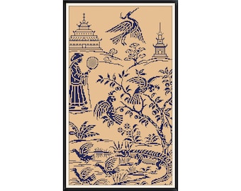 May include: A blue and white Chinese-style design with a pagoda, a person holding a fan, birds, and a dragon. The design is on a beige background.