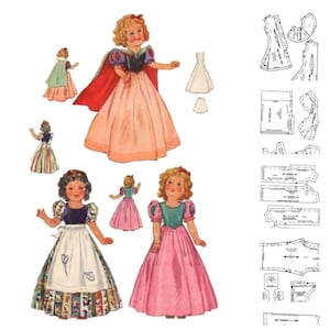 Könnte beinhalten: Vintage Papierpuppen-Set mit mehreren Puppen in bunten Kleidern und Umhängen. Die Puppen haben blonde und braune Haare und tragen Kleider in Rosa, Blau und Grün. Enthält Kleidermuster.