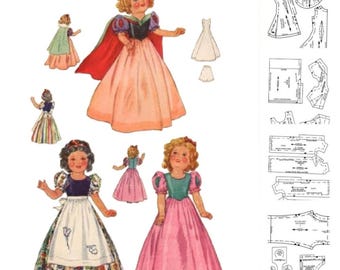 May include: Vintage paper doll set featuring several dolls in colorful dresses and capes. The dolls have blonde and brunette hair, and wear dresses in shades of pink, blue, and green. Includes dress patterns.