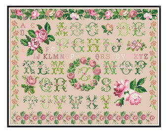 Sampler Cross Stitch Pdf / Counted Vintage Pattern Embroidery / Sampler Roses / Digital Instant Download