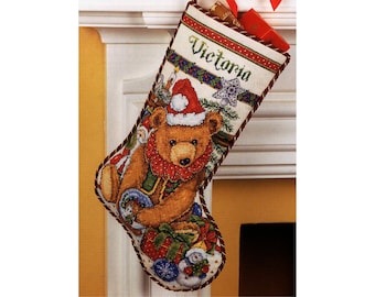 Vintage Cross Stitch Pdf / Christmas Stocking Ornaments - Victorian Bear / Counted Pattern Embroidery / Digital Download