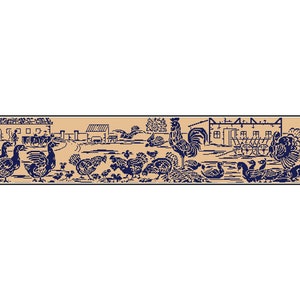 May include: A blue and white folk art style illustration of a farmyard scene with a rooster, a turkey, ducks, geese, and rabbits. The illustration is set against a light brown background.