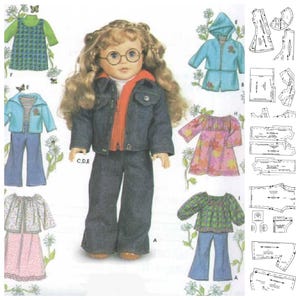 May include: A sewing pattern for making doll clothes. The pattern includes instructions for making a denim jacket, jeans, a dress, a blouse, and a hooded jacket. The pattern is for 18-inch dolls.