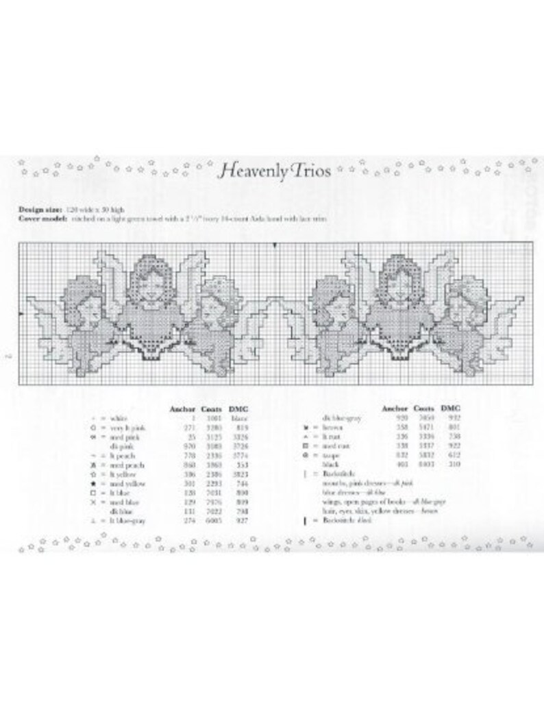 Op de afbeelding: Een zwart-wit kruissteekpatroon met drie engelen met uitgespreide vleugels. Het patroon bevat een kleurenkaart met DMC-garennummers en -namen.