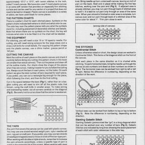 May include: A page from a craft book with instructions on how to stitch using plastic canvas. The page includes illustrations of different stitches, such as the Continental Stitch, the Slanting Gobelin Stitch, and the Vertical Gobelin Stitch. The page also includes instructions on how to cut the canvas and how to begin and end yarn.