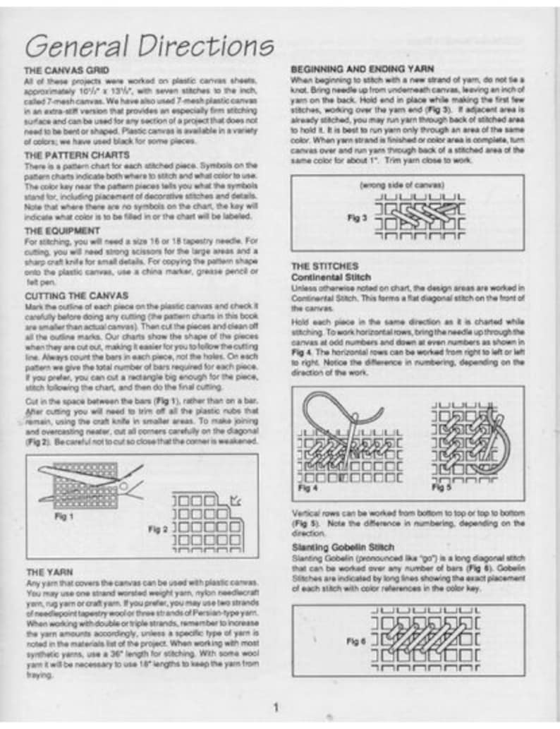 May include: A page from a craft book with instructions on how to stitch using plastic canvas. The page includes illustrations of different stitches, such as the Continental Stitch, the Slanting Gobelin Stitch, and the Vertical Gobelin Stitch. The page also includes instructions on how to cut the canvas and how to begin and end yarn.