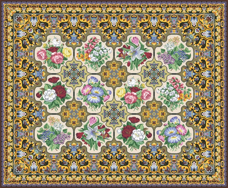 Vintage Berlin Rug Cross Stitch Pattern: Six Flower Embroidery (digital ...