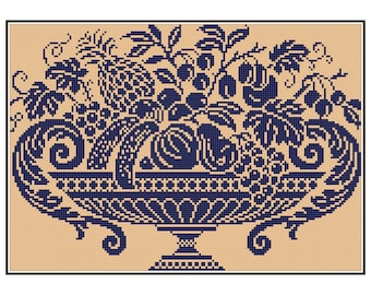 Vintage Fruit Basket Cross Stitch Pattern: Antique Monochrome Sampler (PDF)