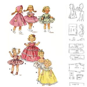 May include: Vintage doll sewing patterns featuring seven dolls in various dresses and outfits. The dolls are wearing dresses in pink, green, and yellow. The patterns include a coat, dresses, and a bonnet. The image also includes pattern pieces.