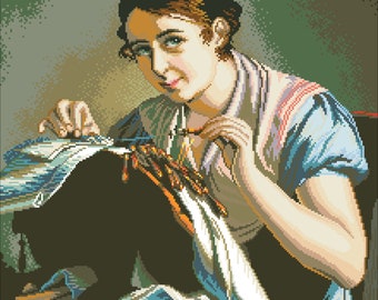 Vintage Cross Stitch Pattern: The Lady Weaves Lace (Digital Download)