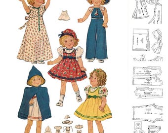 May include: Vintage illustration featuring paper dolls in various outfits, including a floral dress, blue jumpsuit, red dress, yellow dress, and a blue cape. The image also includes dress patterns, showcasing a retro fashion theme.