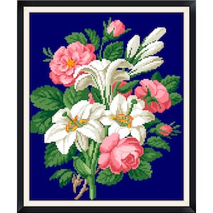 May include: A bouquet of white lilies and pink roses arranged against a dark blue background. The flowers are in full bloom and have a delicate, romantic feel.