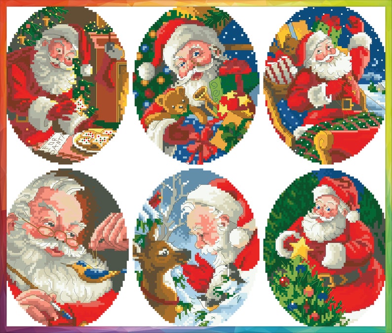 Vintage Cross Stitch Pdf / Christmas Santa's and Reindeer / Miniature Ornaments / Counted Pattern Embroidery / Digital Instant Download image 10