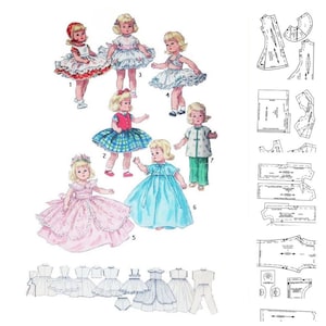 Puede incluir: Una ilustración vintage con siete muñecas vestidas con varios atuendos, incluyendo vestidos y un conjunto verde y blanco. Las muñecas están numeradas y rodeadas de patrones, lo que sugiere un patrón de costura para ropa de muñecas.
