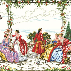 Vintage Ladies Cross Stitch Pattern: 19th Century Painting (Digital Download)