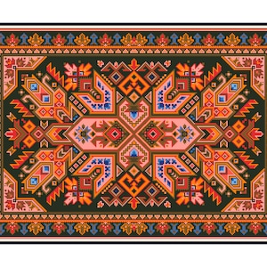 Op de afbeelding: Een kleurrijk tapijt met een geometrisch patroon in tinten rood, oranje, blauw, groen en roze. Het tapijt heeft een donkergroene achtergrond en een rand met een bloemmotief.