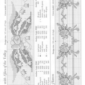 May include: A cross-stitch pattern for a floral design featuring a rose with lilies of the valley. The pattern includes a colour chart with DMC thread numbers and instructions for stitching. The design size is 107 stitches wide by 27 stitches high.