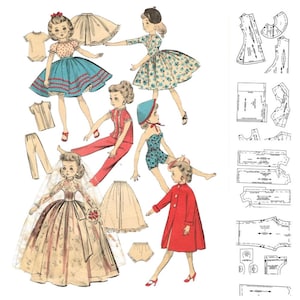 Puede incluir: Ilustración vintage de muñecas de papel con varios atuendos, incluyendo vestidos, trajes de pantalón y un abrigo. Las muñecas son de estilo retro, con ropa y accesorios detallados. También se incluyen patrones de costura.