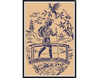 May include: Blue and white cross-stitch pattern of a person walking across a bridge with a pagoda and birds in the background.