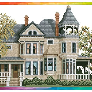 Vintage Cross Stitch Pattern Pdf - Victorian House - Poulsen Home, Portland, Oregon / Counted Vintage Pattern Embroidery /Digital Download