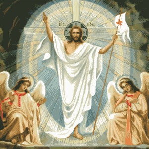 Puede incluir: Una pintura religiosa que representa a Jesucristo resucitando de la tumba, rodeado de dos ángeles. La escena está bañada por una luz dorada brillante, con una bandera blanca que lleva una cruz roja en el fondo. La pintura está realizada en un estilo tradicional, con detalles realistas y colores vibrantes.